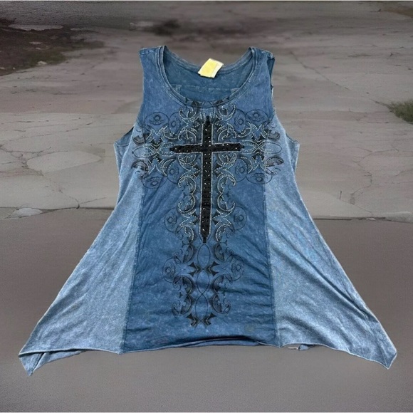 Vocal Rhinestones/Crystal Embellished Blue Cross Tank Top Sz Medium - Picture 5 of 12